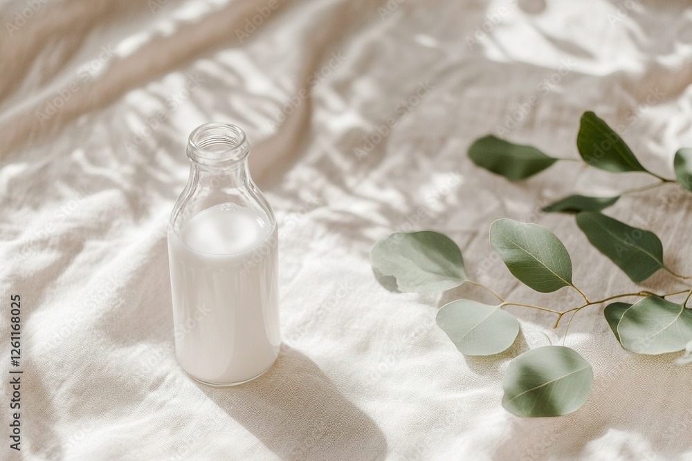 The glass milk bottle rests elegantly on a beige linen cloth, complemented by soft-focus green leaves in the background, creating a tranquil and fresh atmosphere The glass milk bottle rests elegantly on a beige linen cloth, complemented by soft-focus green leaves in the background, creating a tranquil and fresh atmosphere