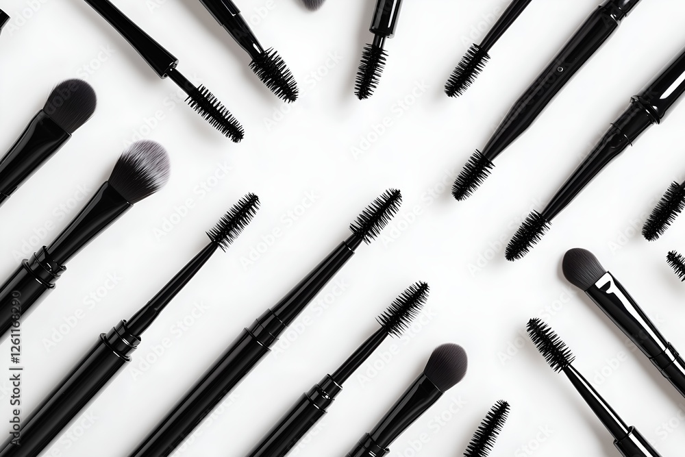 Minimalistic flat lay photo of various makeup brushes and mascara wands on white background Minimalistic flat lay photo of various makeup brushes and mascara wands on white background