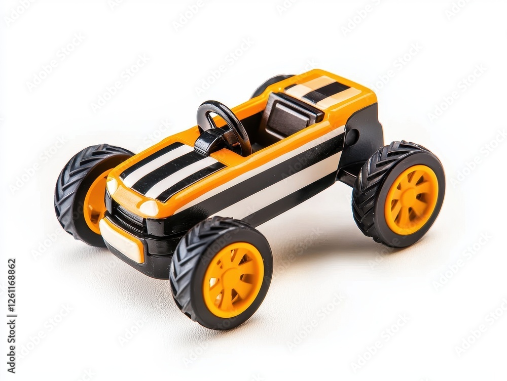 Colorful Toy Car with Striped Design on White Background, Ideal for Creative Projects and Marketing Colorful Toy Car with Striped Design on White Background, Ideal for Creative Projects and Marketing