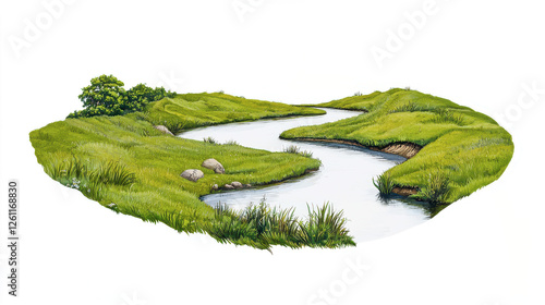 Tranquil river curving through lush green meadows nature transparent background vibrant environment aerial viewpoint serenity concept
