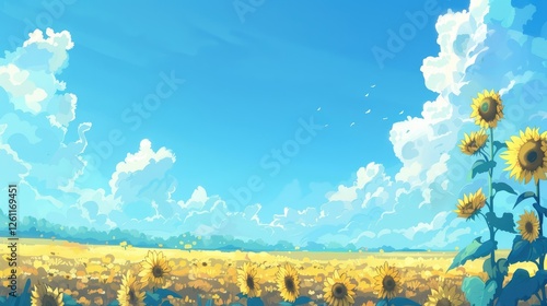 Vibrant sunflower field under a bright blue sky with fluffy clouds, evoking a serene summer atmosphere photo