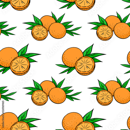 Seamless pattern of fresh oranges with leaves. Citrus southern fruit with vitamins. Design for background, decoration and print. Vector hand drawn illustration