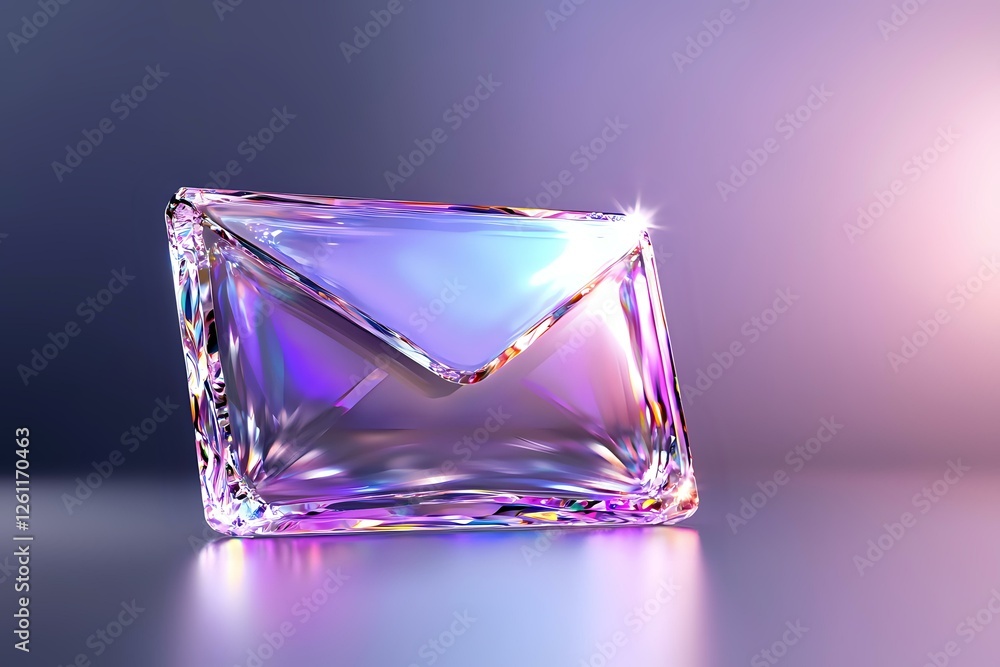 Crystal clear envelope shape glowing with purple and blue neon lights on dark background, modern communication concept with dramatic lighting effects. Crystal clear envelope shape glowing with purple and blue neon lights on dark background, modern communication concept with dramatic lighting effects.