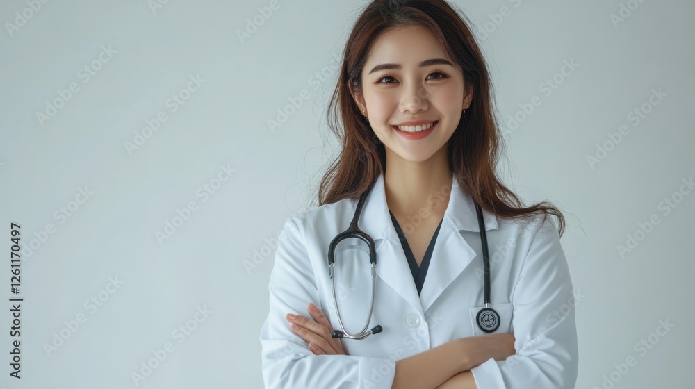 Asian female doctor in medical attire and stethoscope, smiling with arms crossed, isolated against a white background Asian female doctor in medical attire and stethoscope, smiling with arms crossed, isolated against a white background
