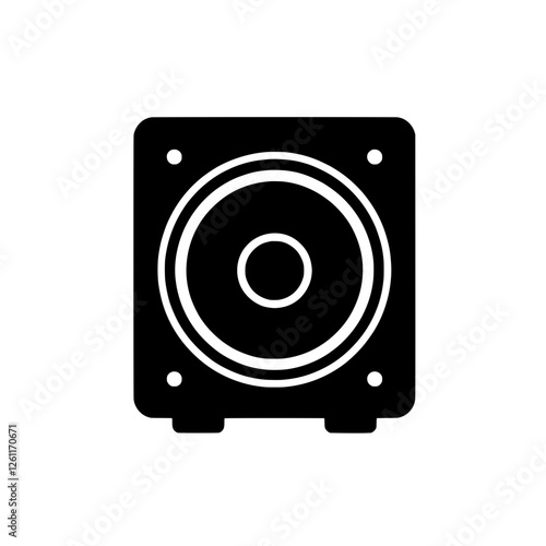 Subwoofer Icon: A simple, bold black icon depicting a subwoofer speaker, perfect for audio equipment, music, technology, and sound system related projects. 