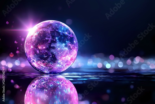 Magical glowing crystal ball with purple and blue cosmic nebula pattern reflecting on dark water surface against blurred bokeh background. photo