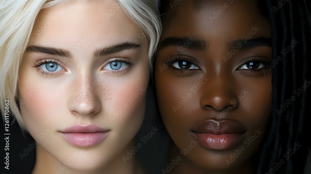 Close-up portrait of two diverse women with contrasting features - blonde hair and blue eyes alongside dark skin and brown eyes, showcasing natural beauty and inclusivity. Close-up portrait of two diverse women with contrasting features - blonde hair and blue eyes alongside dark skin and brown eyes, showcasing natural beauty and inclusivity.