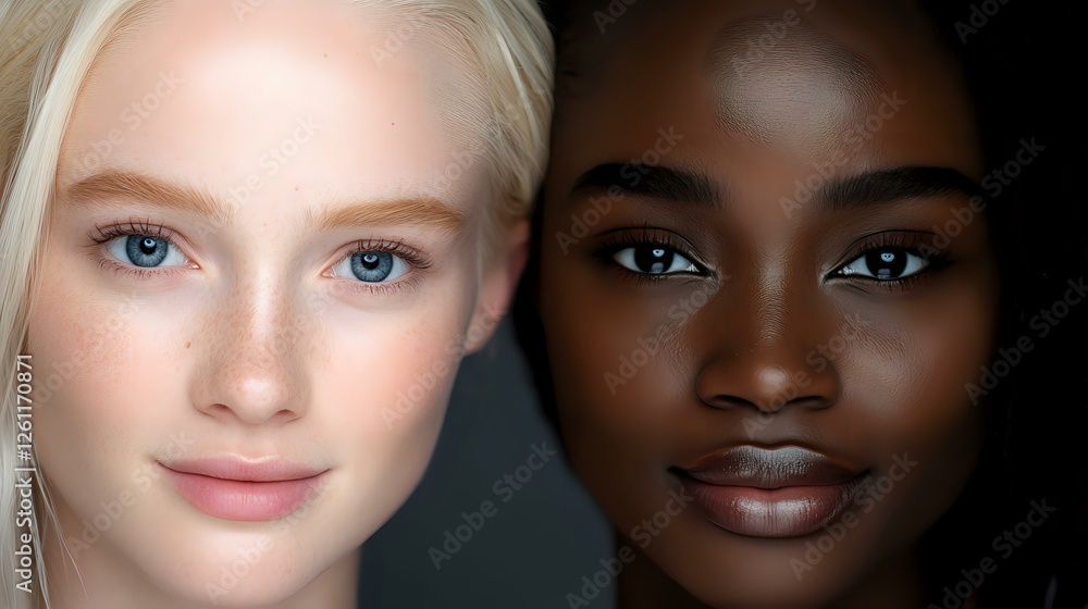 Close up portrait of two diverse women with contrasting features showing natural beauty and friendship against dark background, celebrating diversity and inclusivity. Close up portrait of two diverse women with contrasting features showing natural beauty and friendship against dark background, celebrating diversity and inclusivity.