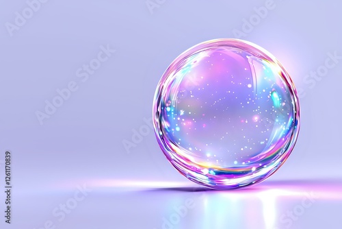 Magical glowing crystal sphere with iridescent reflections and sparkles on purple background, mystical orb radiating ethereal light and cosmic energy. photo