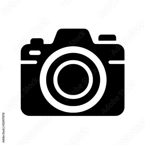 Camera Icon: A simple yet bold black silhouette of a DSLR camera, ideal for photography-related projects, websites, and applications.  The clean design makes it versatile and easily recognizable. 