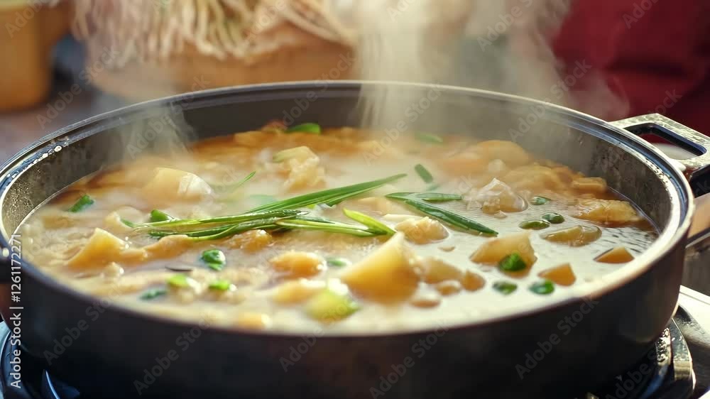 Delicious steaming soup made with fresh ingredients in a cozy kitchen environment during the afternoon Delicious steaming soup made with fresh ingredients in a cozy kitchen environment during the afternoon