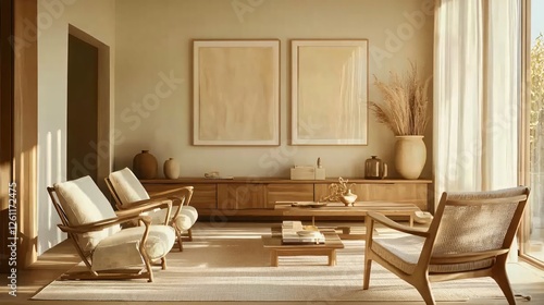 Wallpaper Mural Scandinavian-inspired living room with neutral colors, clean lines, and wooden furniture, copy space Torontodigital.ca