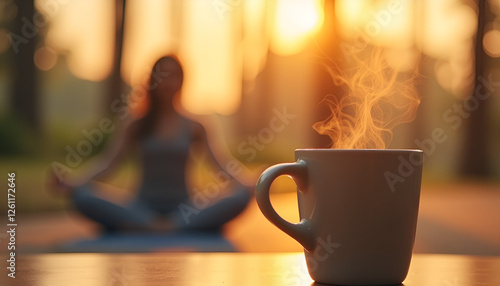 Woman meditating in the background with a steaming cup of coffee in the foreground at sunset
