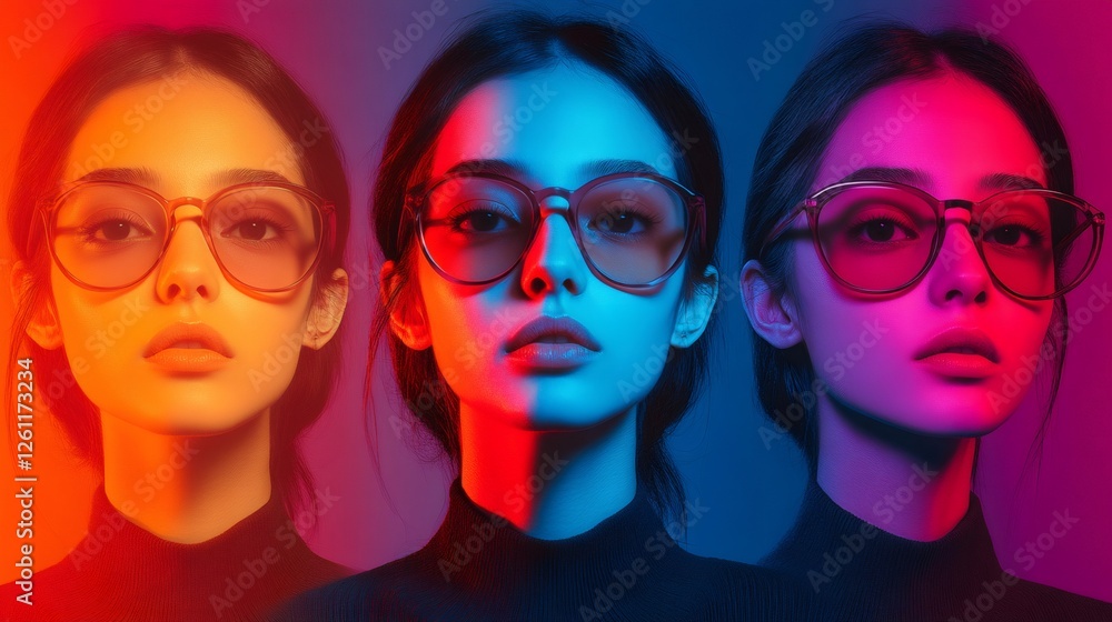 Fashion model posing under colorful studio lights wearing stylish glasses Fashion model posing under colorful studio lights wearing stylish glasses