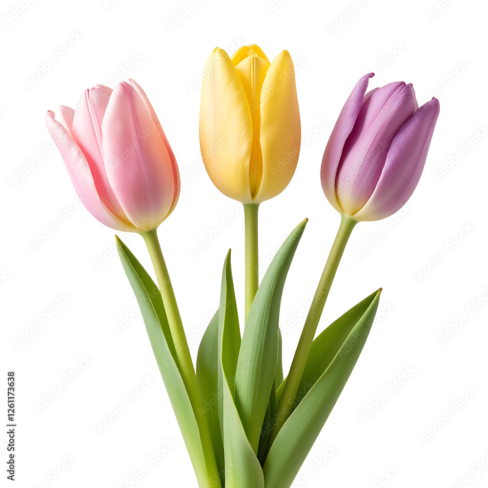 Three Colorful Tulips, Pink, Yellow, Purple in Full Bloom with Green Stems and Leaves. Isolated on Transparent Background Three Colorful Tulips, Pink, Yellow, Purple in Full Bloom with Green Stems and Leaves. Isolated on Transparent Background