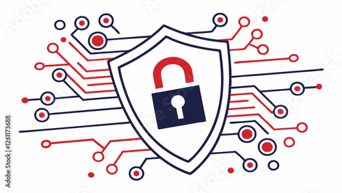 A modern cybersecurity icon displaying a shield with a closed padlock, enhanced with digital elements representing encryption and online security