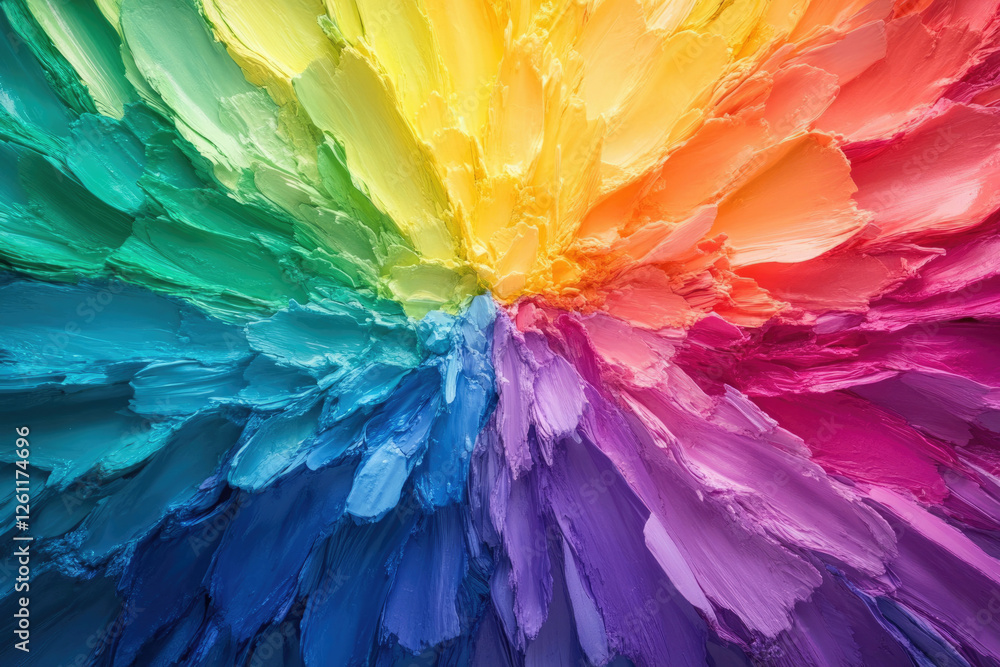 Fototapeta premium Vibrant rainbow color explosion, thick impasto brushstrokes radiating outwards creating a dynamic, energetic artwork.