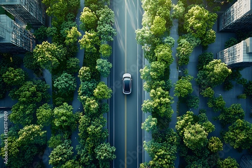 Wireless charging road for electric vehicles in an eco-friendly urban landscape. Generative AI. photo