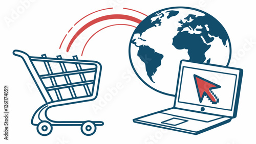 A vibrant and professional e-commerce icon showing a shopping cart with a digital globe, symbolizing international online shopping and retail growth