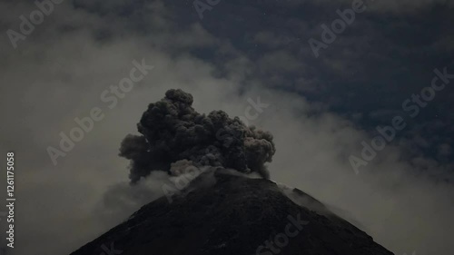 Volcanic lightning in ash clouds during eruption from of Colima volcano in Mexico.