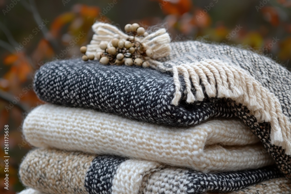 Fototapeta premium Cozy scandinavian-inspired textiles outdoor setting photography autumn landscape close-up view aesthetic warmth