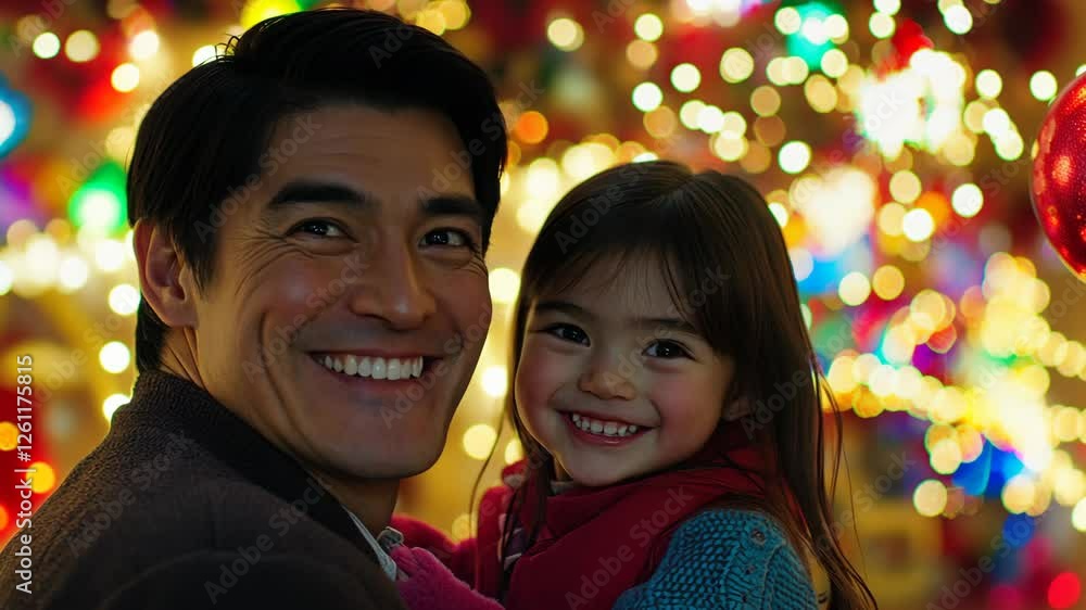 Joyful father and daughter enjoying the holiday lights in a festive setting during winter celebrations in a city Joyful father and daughter enjoying the holiday lights in a festive setting during winter celebrations in a city