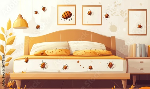 Bed bugs infest a cozy bedroom scene