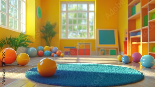 Bright Children's Playroom, Colorful Balls on Rug, Sunlight through Window, Educational Setting photo