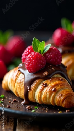 Wallpaper Mural Freshly baked delicious croissant dipped in hot chocolate and decorated with raspberries on a black background. Classic French pastries, gourmet breakfast, low key photo Torontodigital.ca