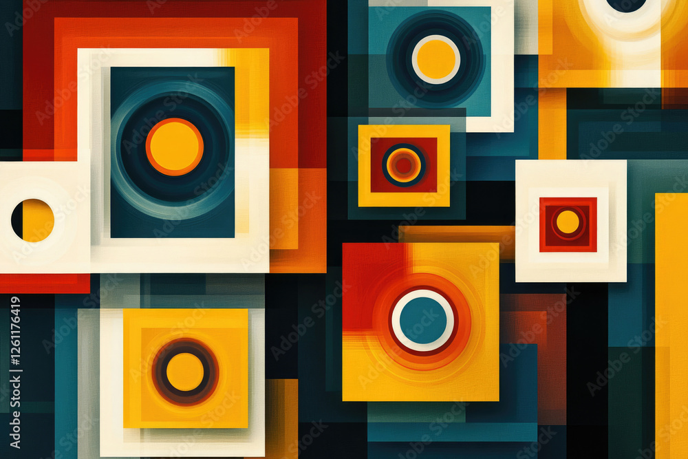 Abstract geometric artwork featuring nested squares and concentric circles in vibrant orange, yellow, red, and blue hues. Abstract geometric artwork featuring nested squares and concentric circles in vibrant orange, yellow, red, and blue hues.