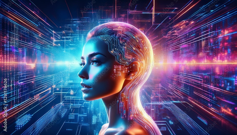 A futuristic digital concept where binary code, AI neural networks merge into female face A futuristic digital concept where binary code, AI neural networks merge into female face