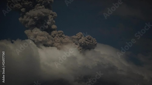 Volcanic lightning in ash clouds during eruption from of Colima volcano in Mexico.