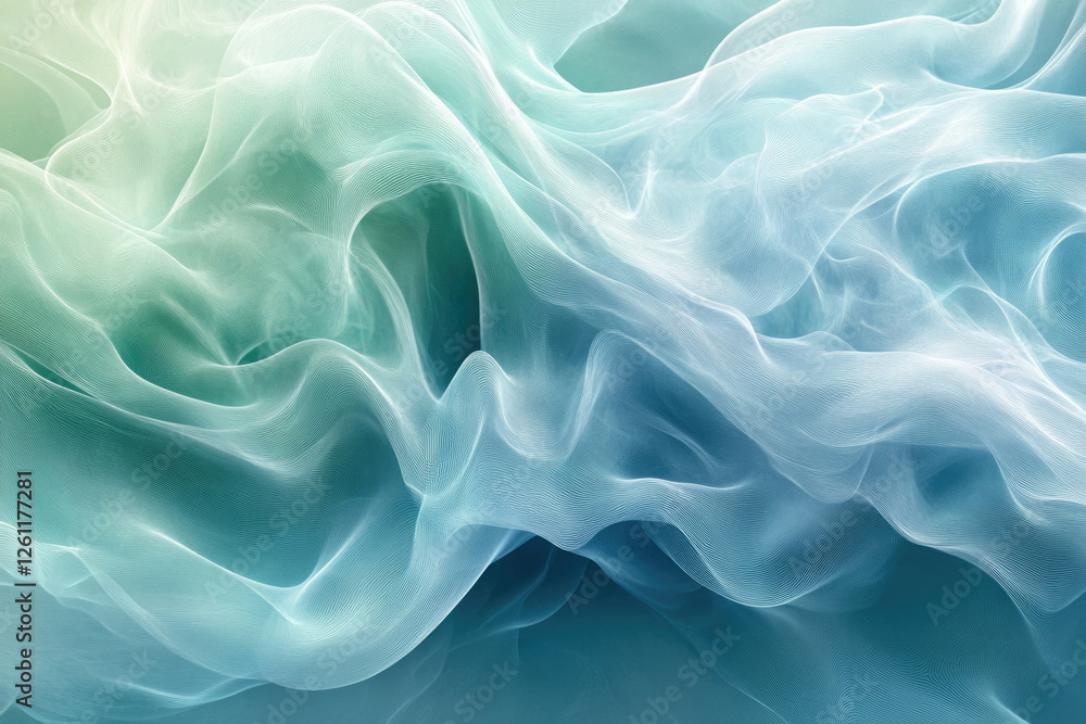 Abstract flowing teal and white fabric, ethereal and soft, creating a dreamy, calming effect. Abstract flowing teal and white fabric, ethereal and soft, creating a dreamy, calming effect.