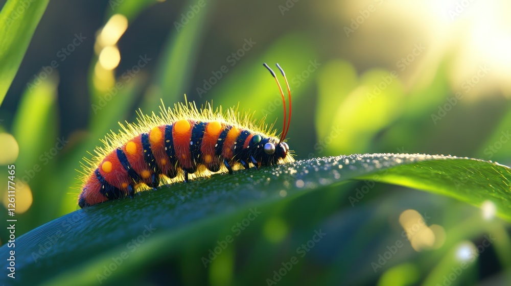 Fototapeta premium Colorful caterpillar on dew-kissed leaf in sunrise meadow