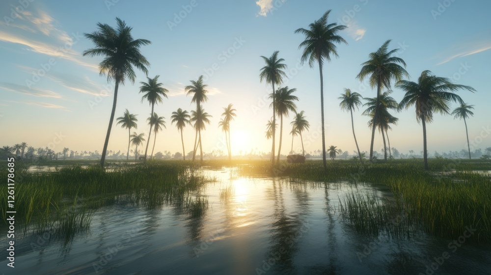 Tranquil Sunrise Over a Tropical Palm Grove and Calm Water Tranquil Sunrise Over a Tropical Palm Grove and Calm Water