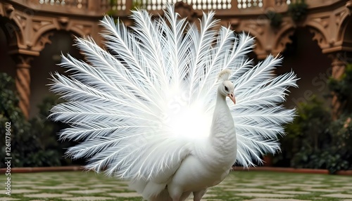 a white peacock standing on top of a green field photo