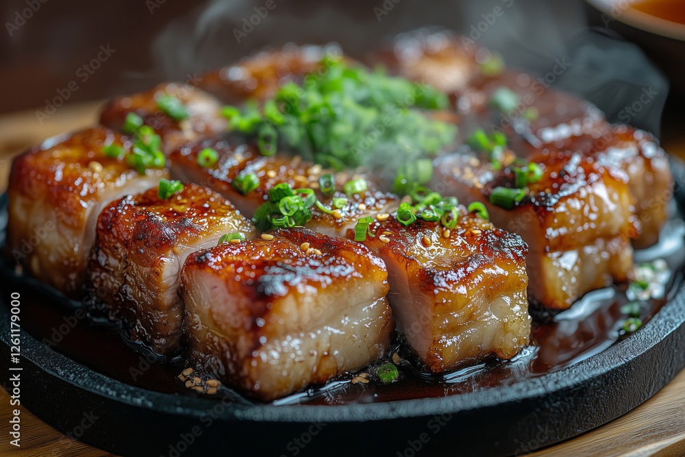 Reimagined traditional Cantonese roasted pork served sizzling with green onions Reimagined traditional Cantonese roasted pork served sizzling with green onions