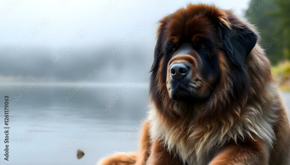 a large brown dog sitting next to a body of water a large brown dog sitting next to a body of water