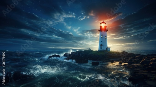 beautiful lighthouse stands on the cliffs and beautifully shines against the background of beautiful nature and ocean