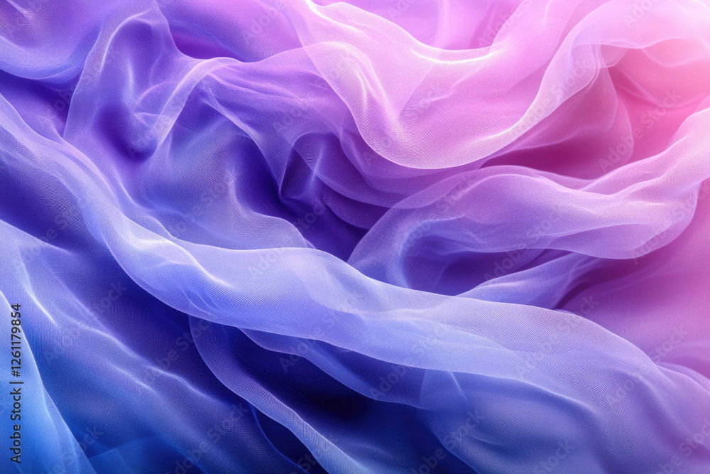 Obraz premium Draped ombre chiffon fabric in shades of purple, blue, and pink, showcasing its soft texture and delicate folds.