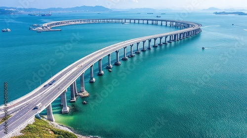 Wallpaper Mural Serpentine sea bridge over turquoise waters, with ships and shoreline Torontodigital.ca