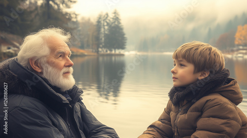 The concept of intergenerational togetherness. Grandfather and grandson near the lake sharing memories photo