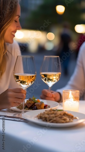 Couple enjoying romantic dinner, city lights