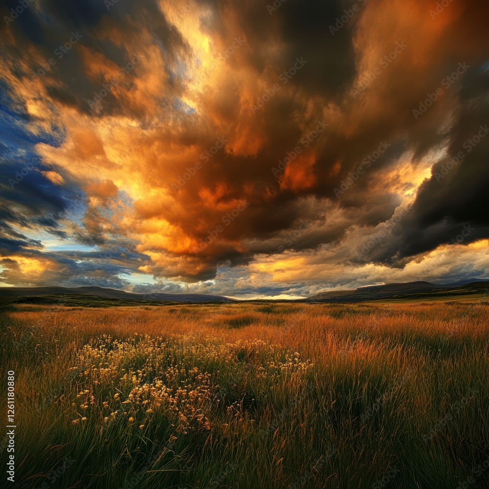 Fototapeta premium Grassland Under Dramatic Sky
