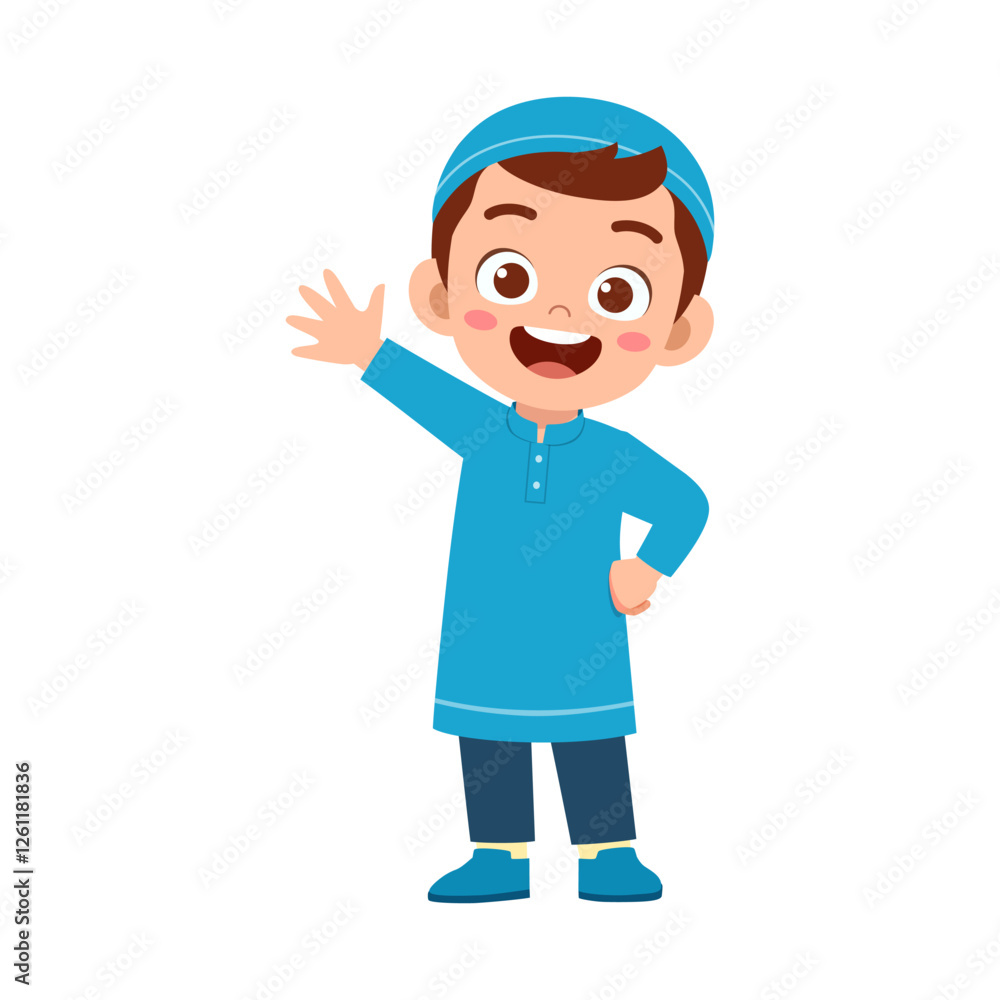 little muslim kid waving hand and feel happy little muslim kid waving hand and feel happy