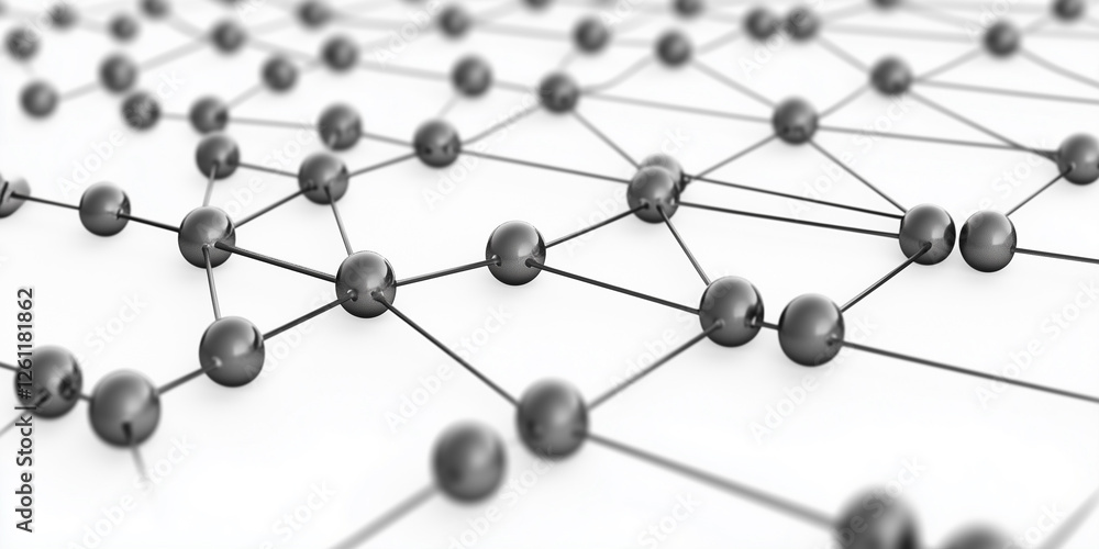 Network connection nodes illustration. Black spheres connected by lines. Business technology concept visual. High key lighting, top view, white background Network connection nodes illustration. Black spheres connected by lines. Business technology concept visual. High key lighting, top view, white background