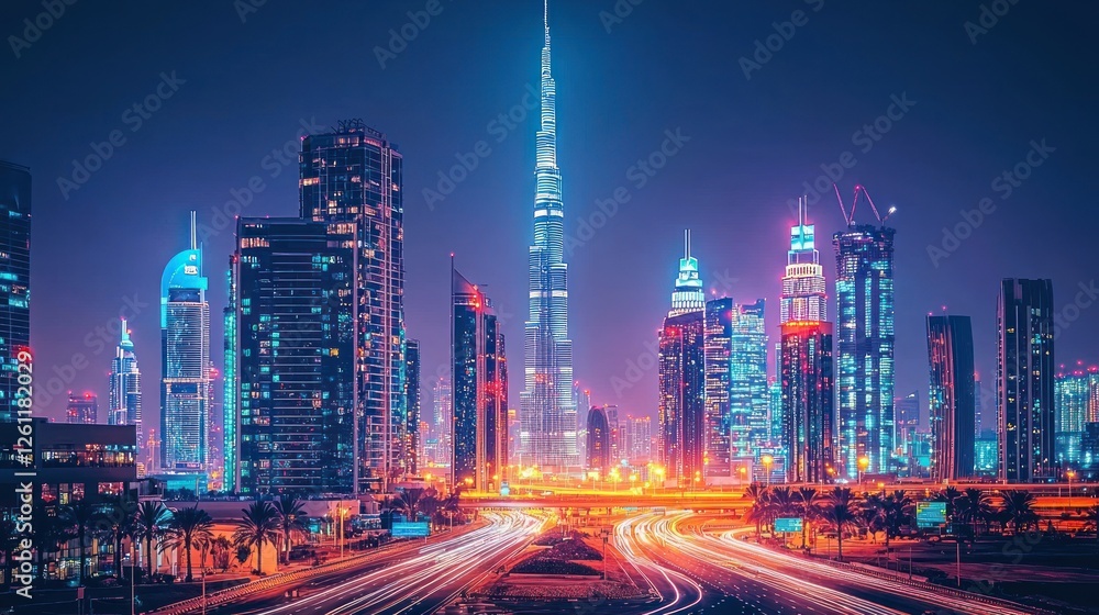 Fototapeta premium Dubai Skyline Night View Illuminated Towers Cityscape
