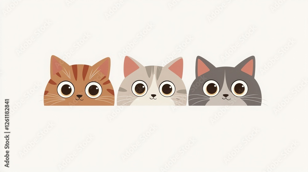 Three adorable cartoon cats peek over a white surface, each with unique coloring and big, expressive eyes, on a bright, white background. Three adorable cartoon cats peek over a white surface, each with unique coloring and big, expressive eyes, on a bright, white background.