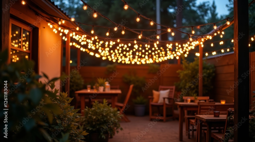 A beautiful display of string lights elegantly draped across a cozy outdoor space A beautiful display of string lights elegantly draped across a cozy outdoor space