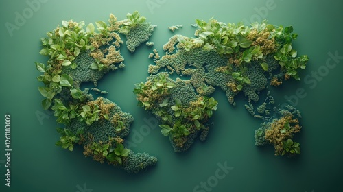 World map, lush green plants, earth, nature, sustainable future photo